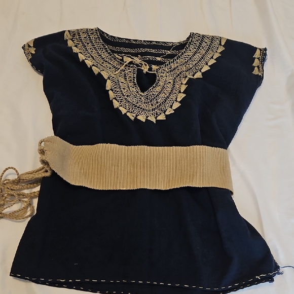 no brand Tops - Women’s Navy Blue Embroidered Tunic Top with Cream Trim